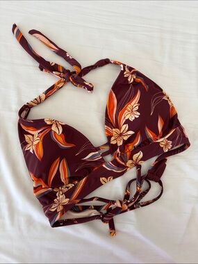 Floral Halter Bikini Top in Deep Burgundy Orange Blue, Large